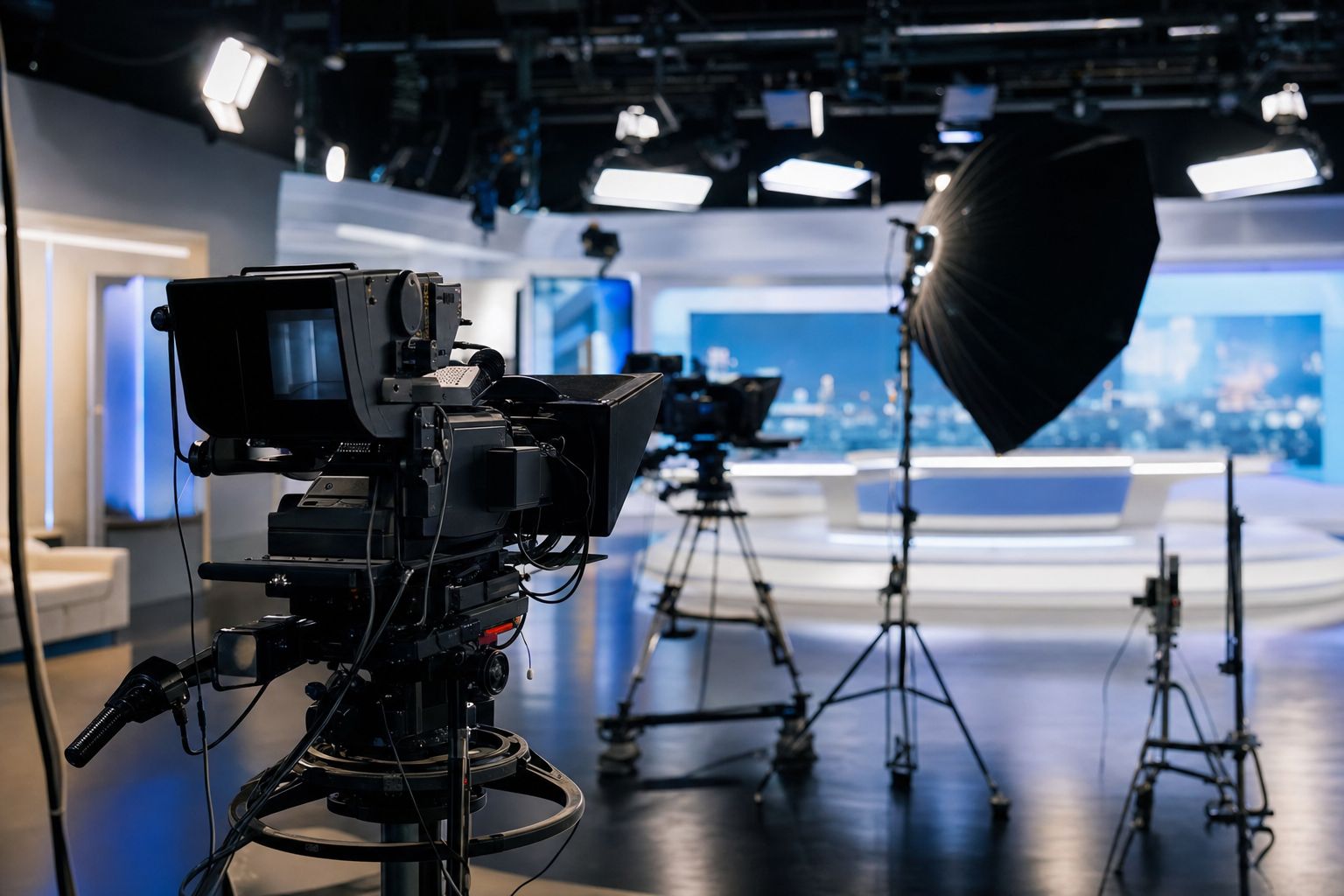 A professional television broadcast studio with cameras and lighting